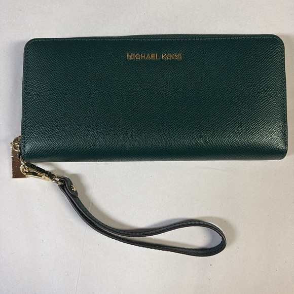 Michael Kors Large Jet Set Leather Continental Wallet Wristlet Racing Green - Picture 3 of 6